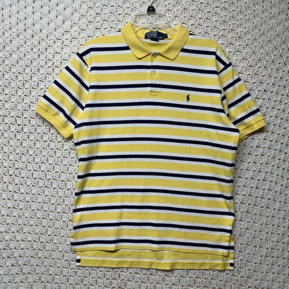 Polo Ralph Lauren Shirt Men M Yellow White Stripe Blue Pony Polo Collar Vtg